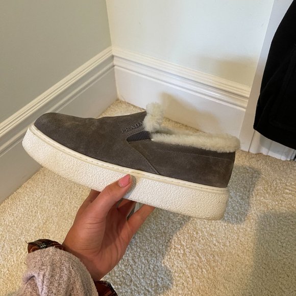 PRADA suede shearling slip on sneakers - Picture 7 of 11